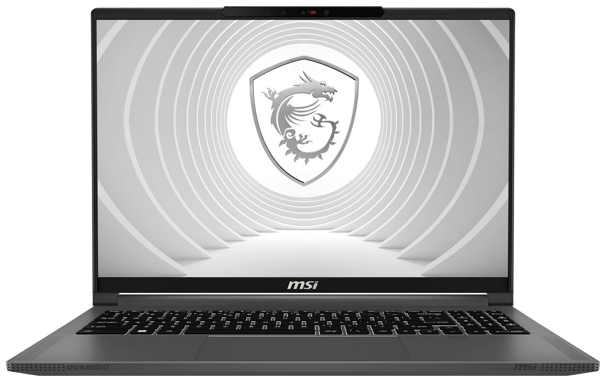 Ein Laptop von MSI mit eingeschaltetem Bildschirm, der das MSI-Drachenlogo in einem futuristischen Design zeigt.