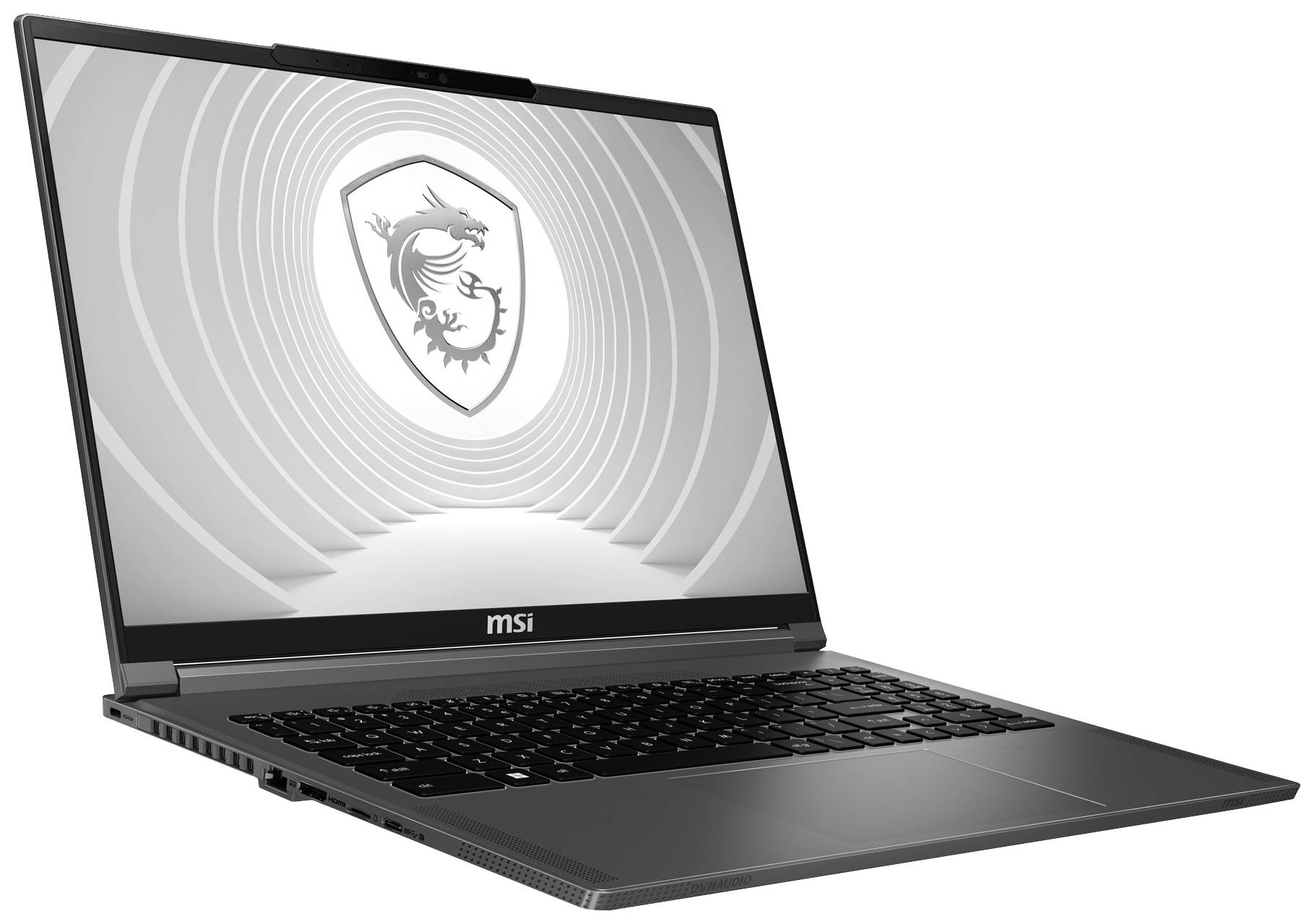 Ein offenes Laptop von MSI, schräg von der Seite fotografiert, mit einem Bild eines Drachenlogos auf dem Bildschirm.