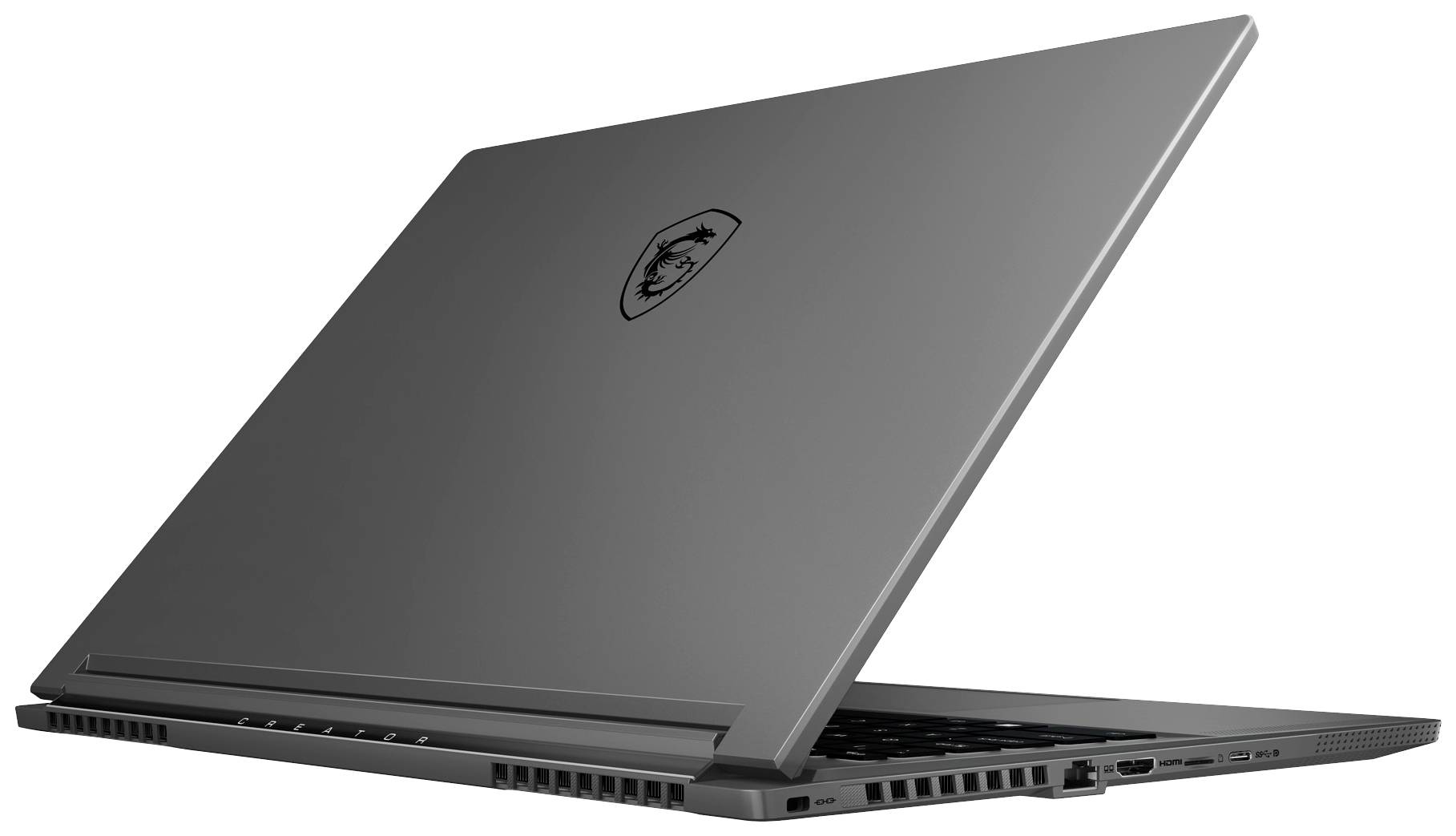 Ein grauer Laptop ist von hinten im seitlichen Winkel zu sehen, leicht geöffnet. Auf dem Deckel ist ein stilisiertes Logo zu erkennen.