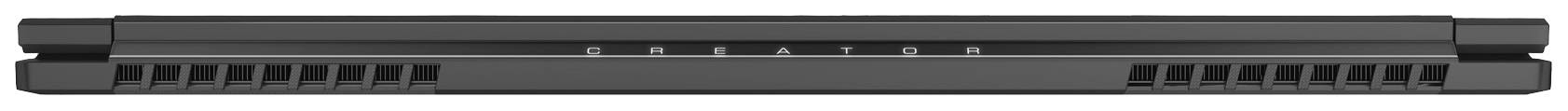 Schwarze Laptop-Unterseite mit Belüftungsschlitzen und in der Mitte hervorgehobene Buchstaben.