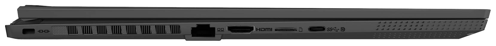 Seitenansicht eines Laptops mit verschiedenen Anschlüssen, einschließlich Ethernet, HDMI und USB, die klare Nutzungsmöglichkeiten bieten.