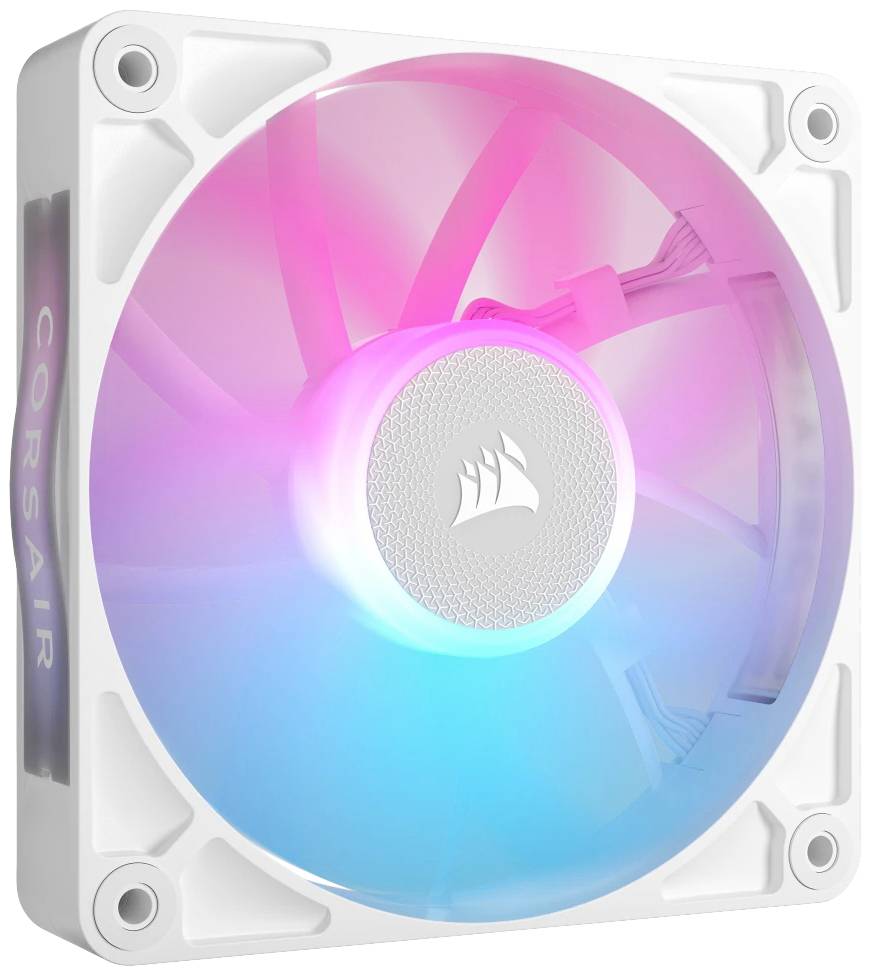 LED-Lüfter in Weiß mit RGB-Beleuchtung in Pink und Blau. Markenlogo in der Mitte. Eingebaut zur Kühlung in Computern.