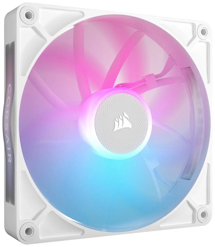 PC-Lüfter mit weißem Rahmen, zeigt bunte LED-Beleuchtung in rosa und blau. Markenlogo in der Mitte des Lüfters.