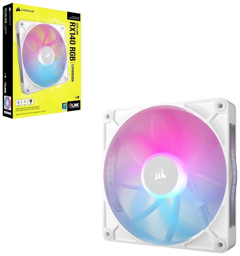 Ein Corsair RGB-Gehäuselüfter mit buntem Licht. Daneben die Produktverpackung mit Produktname und Markenlogo in leuchtenden Farben.