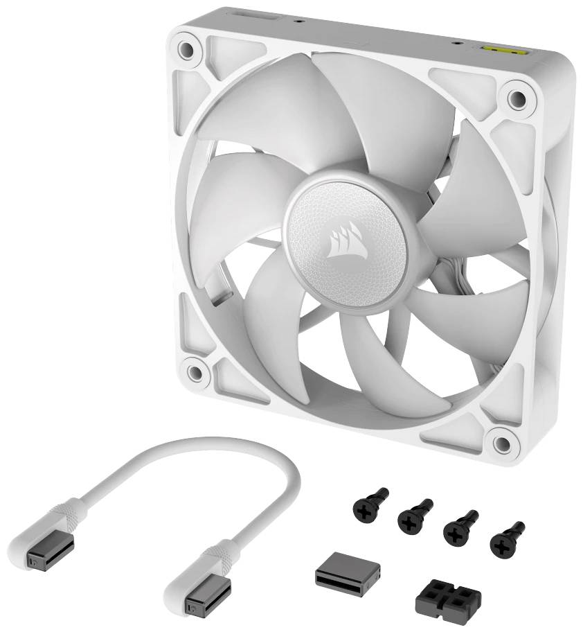 Ein weißer PC-Lüfter mit Kabel und Schrauben. Der Lüfter hat fünf Blätter und ist für die Belüftung von Computergehäusen bestimmt.