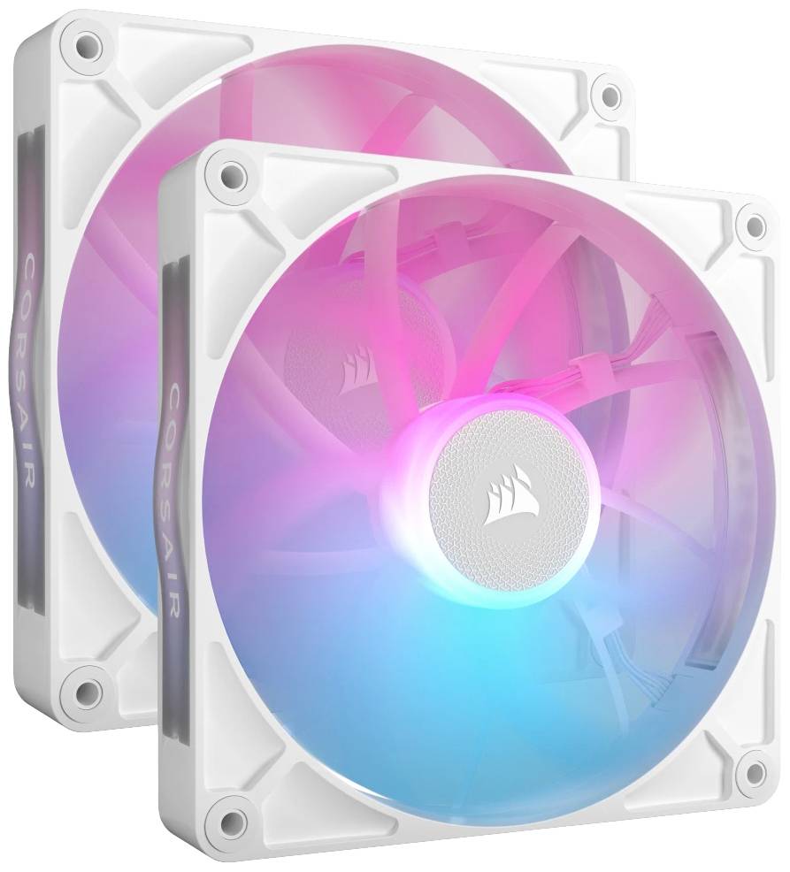 Zwei weiße, LED-beleuchtete Computerkühler mit rosa und blauer Beleuchtungseffekt, geeignet für PC-Gaming-Setups.