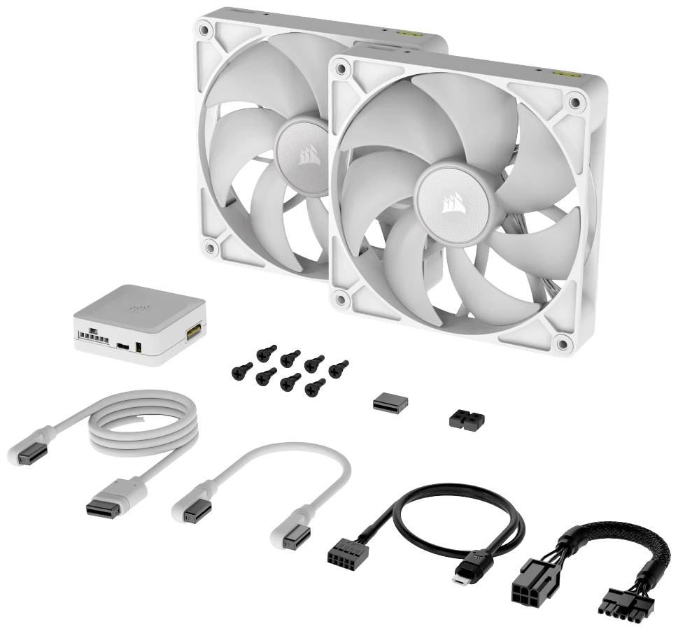 Zwei weiße Computerlüfter mit Zubehör wie Kabel und Schrauben sind abgebildet, geeignet für die PC-Kühlung und Luftzirkulation.