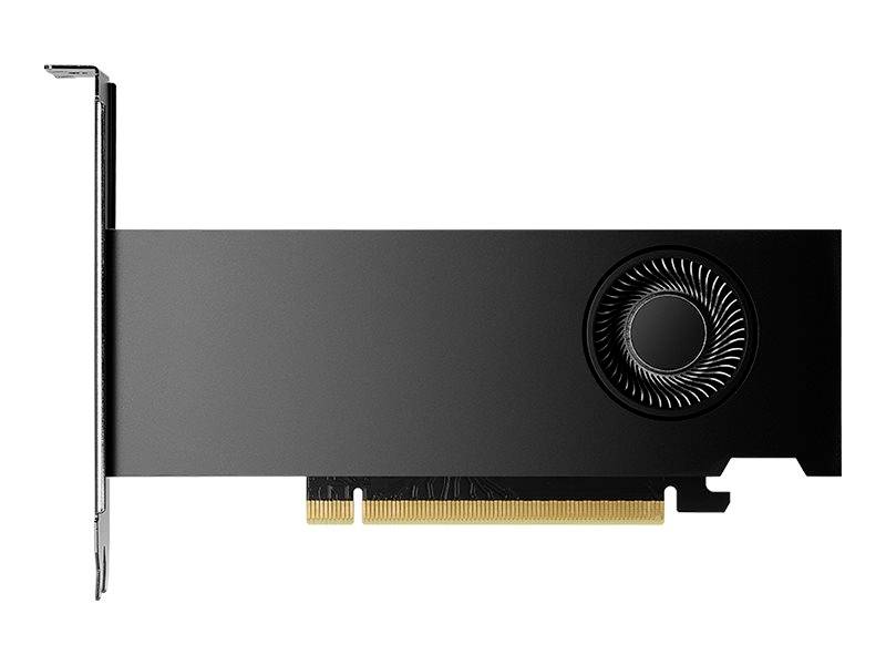Schwarze Grafikkarte mit Lüfter rechts und goldfarbenem PCIe-Anschluss unten. Schlankes, minimalistisches Design ohne sichtbare Marken.