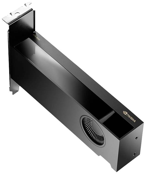 Eine schwarze Grafikkarte im Gehäuseformat mit sichtbarem Lüfter und NVIDIA-Logo. Geeignet für Hochleistungs-Computing.