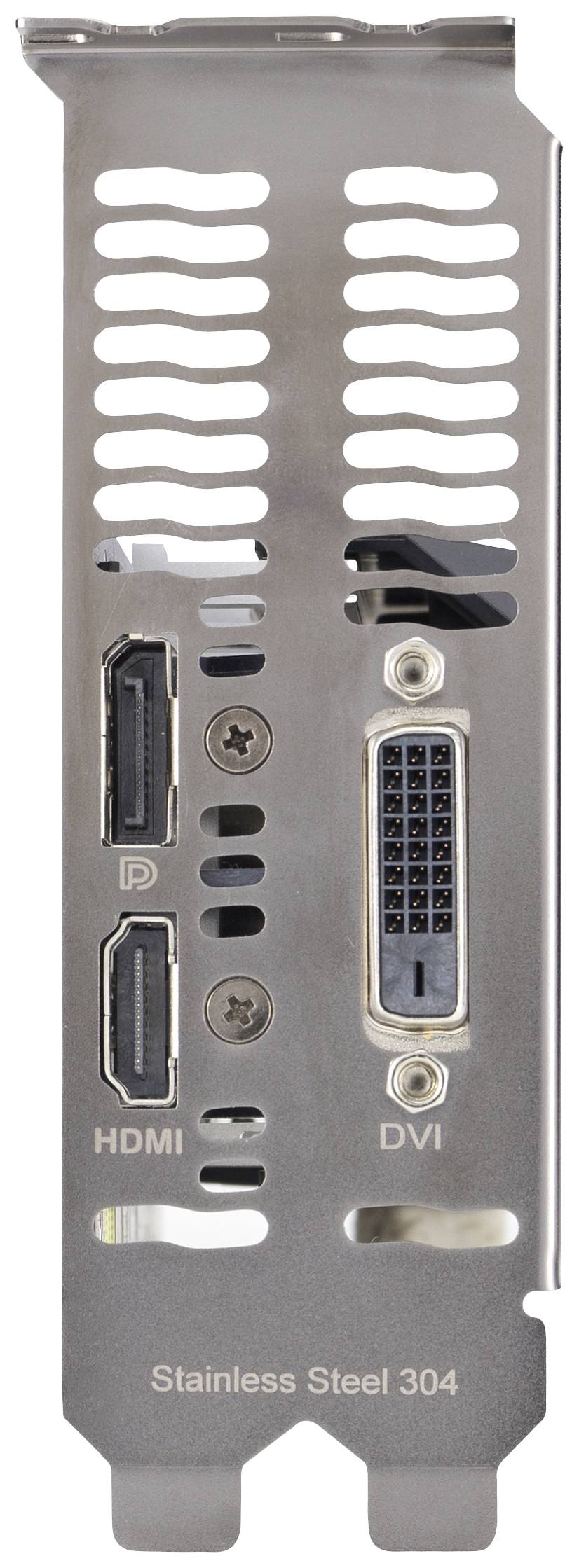 Anschlussplatte einer Grafikkarte mit HDMI-, DVI- und DisplayPort-Anschlüssen. Text 'Stainless Steel 304'.