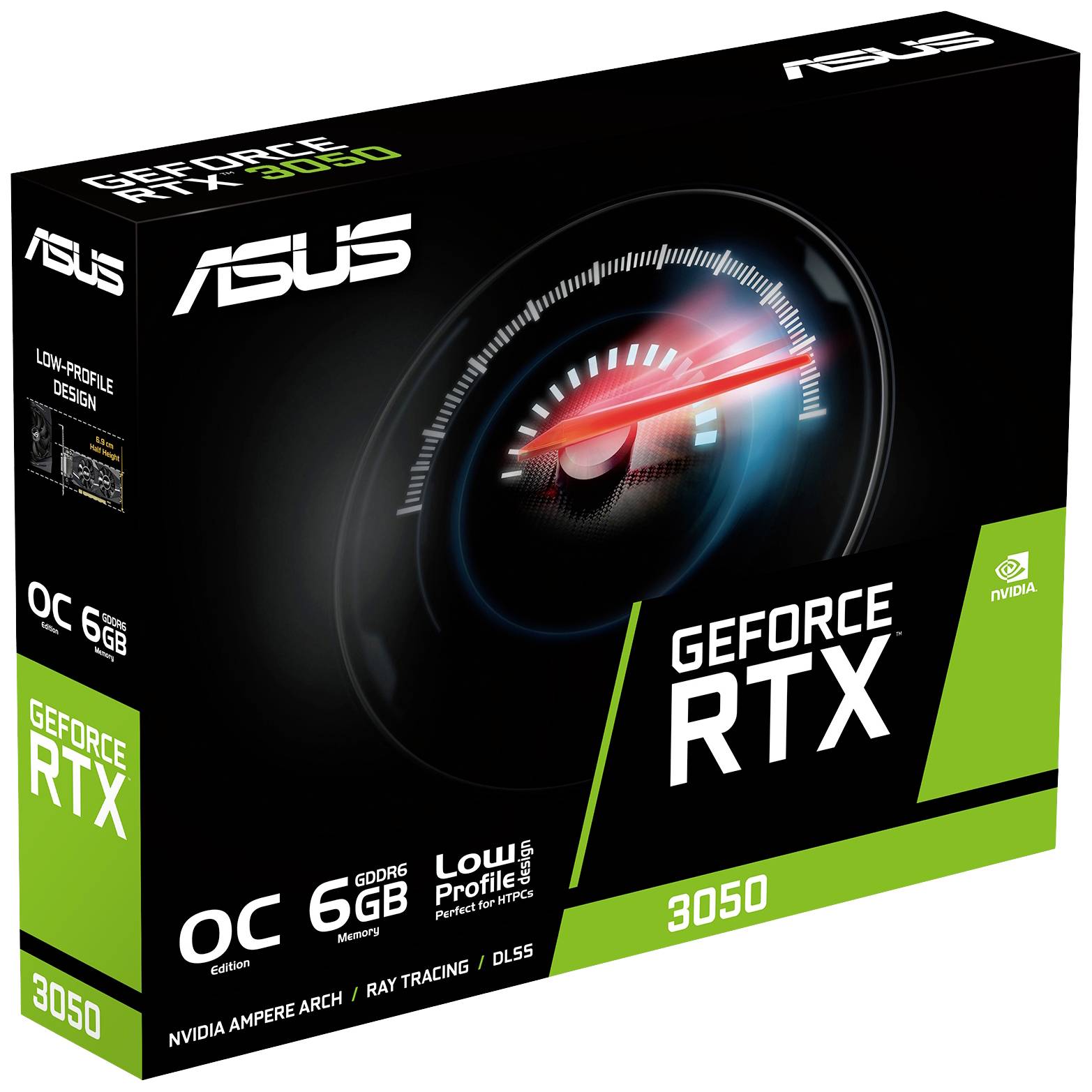 Eine ASUS GeForce RTX 3050 Grafikkarte, 6 GB GDDR6, mit niedrigem Profil, geeignet für Gaming und anspruchsvolle Grafikanwendungen.