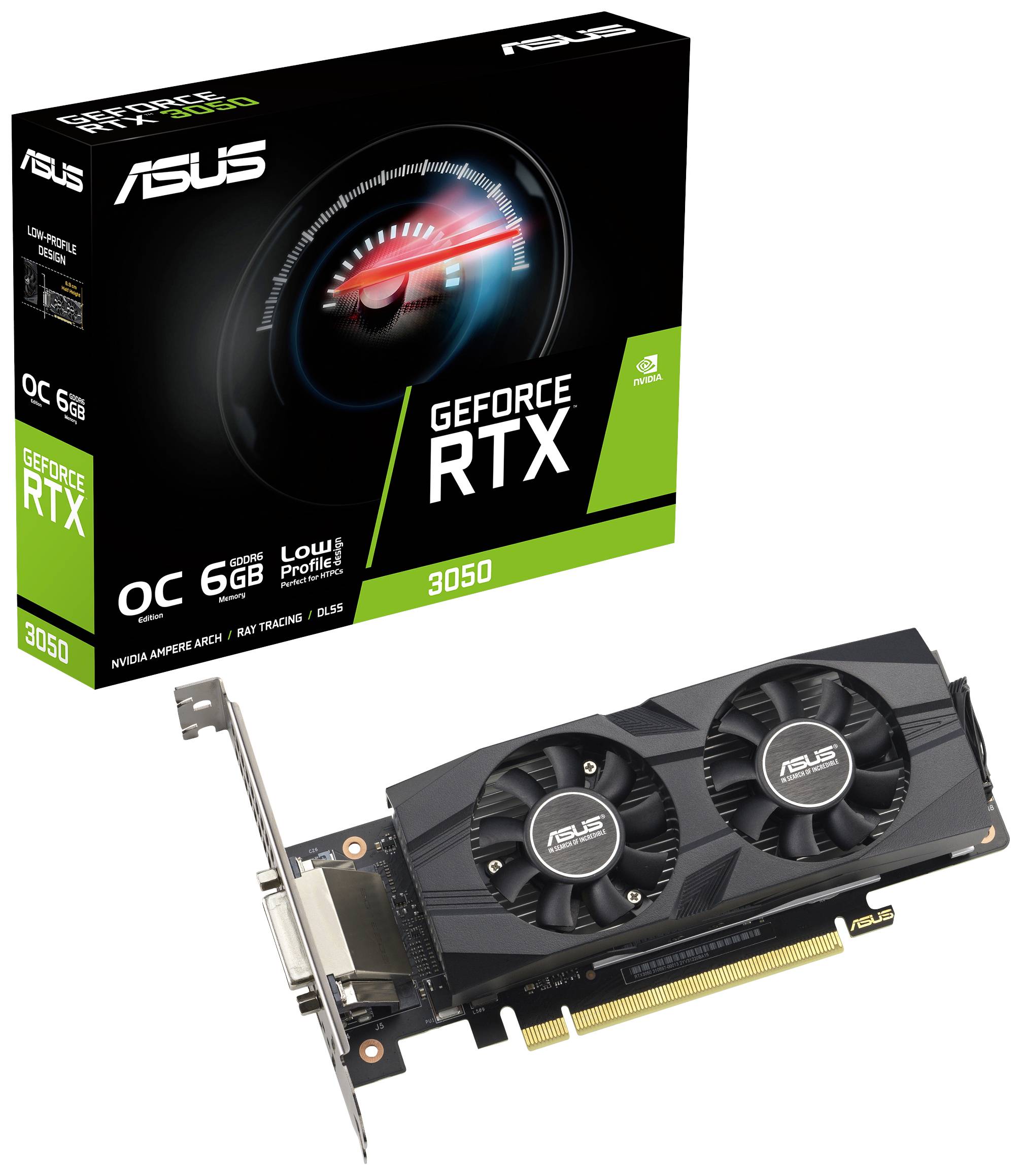 Grafikkarte ASUS GeForce RTX 3050 mit Verpackung. Schwarzes Design mit zwei Lüftern, geeignet für Gaming und Grafikverarbeitung.