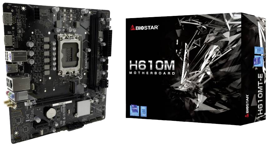 Motherboard 'H610M' von Biostar neben der Verpackung. Links die Platine mit zahlreichen Steckplätzen und Anschlüssen, rechts die schwarze Verpackung mit silbernem Muster.