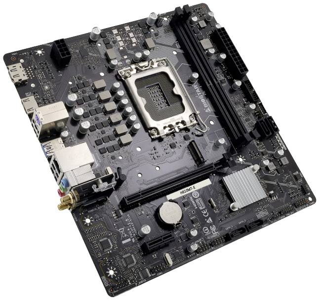 Eine Hauptplatine mit CPU-Sockel, RAM-Steckplätzen und verschiedenen Anschlüssen, zeigt die grundlegende Hardware für einen PC.