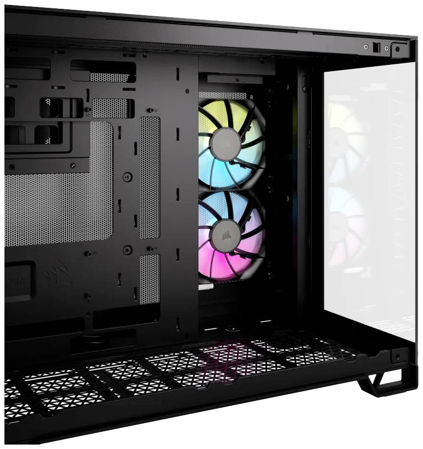 Schwarzes PC-Gehäuse mit transparentem Seitenteil, zeigt zwei eingebauten Lüftern mit RGB-Beleuchtung in Blau, Pink und Gelb.
