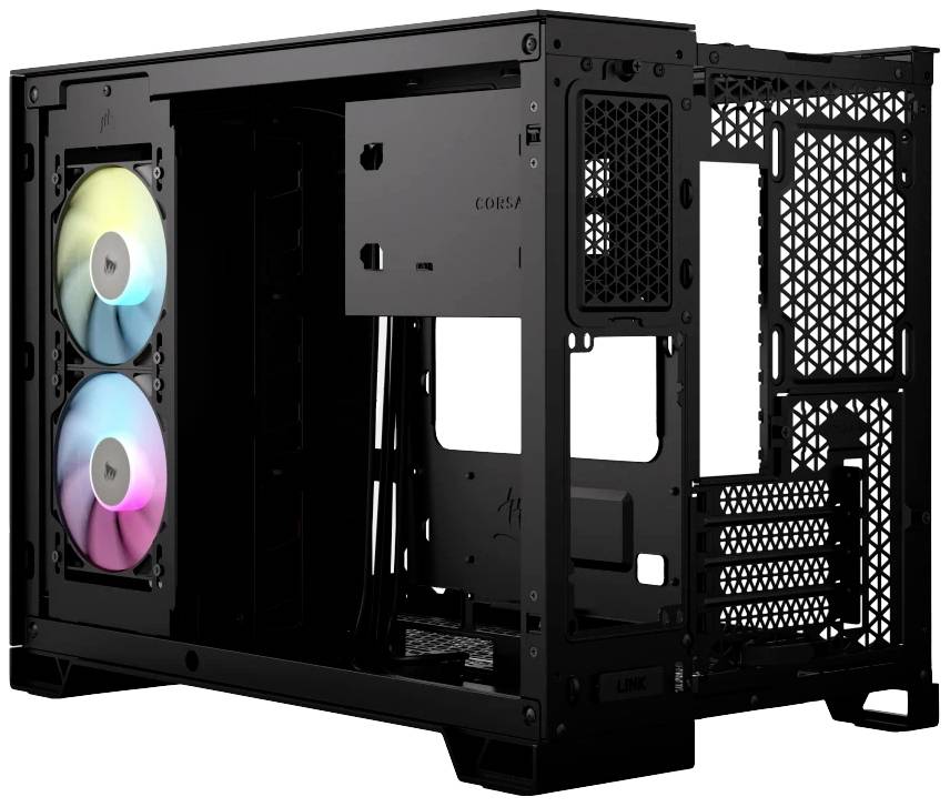 Schwarzes PC-Gehäuse mit zwei eingebauten, leuchtenden Lüftern. Das Gehäuse ist offen und ohne installierte Komponenten.