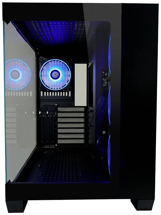 Ein schwarzes Computergehäuse mit durchsichtiger Seitenwand zeigt innen leuchtende blaue Lüfter.
