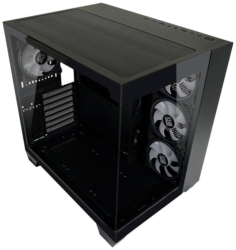 Ein schwarzes PC-Gehäuse mit Glasfenster an der Seite, drei Lüfter vorne und mehreren Erweiterungssteckplätzen auf der Rückseite.