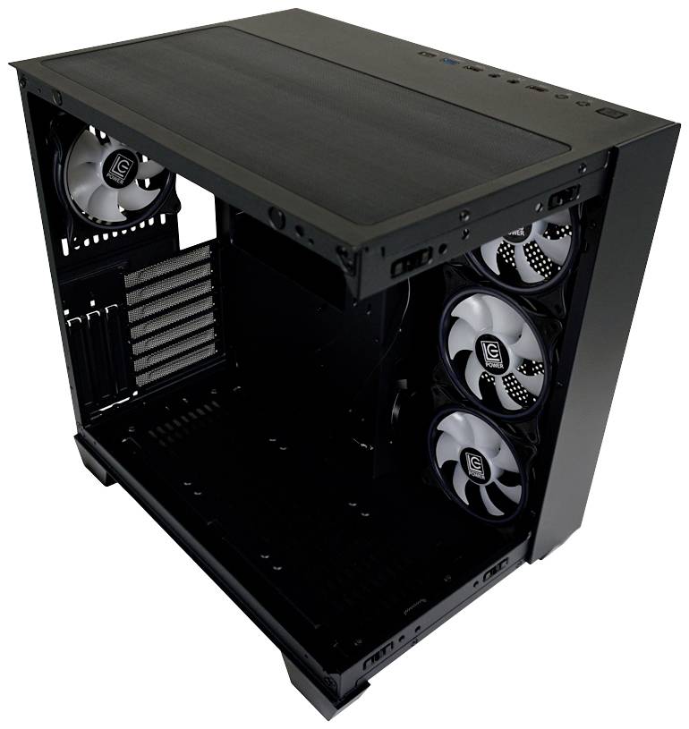 Offenes Computergehäuse mit mehreren Lüftern an der Seite. Oberseite hat Bedienelemente und Anschlüsse. Geeignet für PC-Bau.