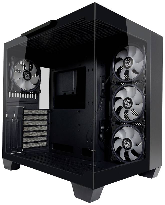 Schwarzes, leeres Computergehäuse mit transparentem Seitenteil, zeigt Innenraum mit vier montierten Lüftern für Kühlung.