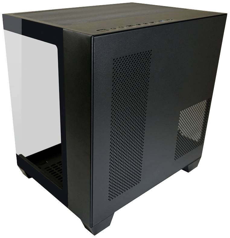 Schwarzes, rechteckiges Computergehäuse mit Seitenfenster und Lüftungsgittern. Geeignet für PC-Komponenten mit guter Belüftung.