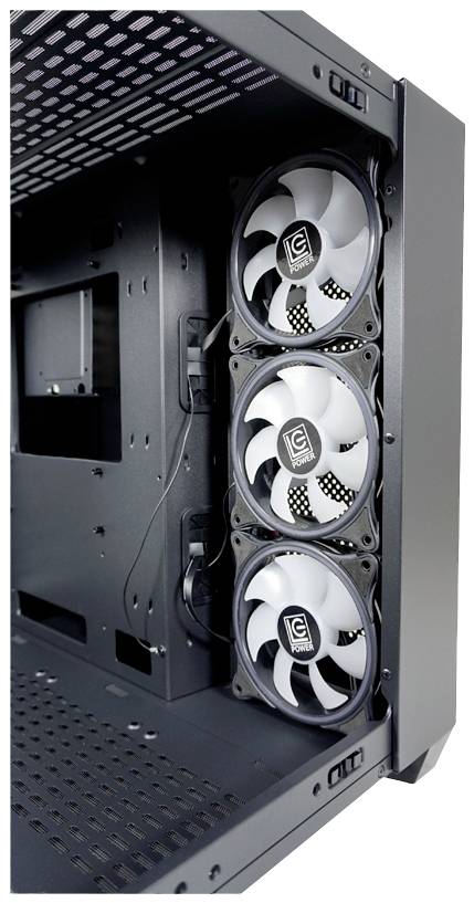 Drei Lüfter in einem Computergehäuse sorgen für Luftzirkulation und Kühlung. Sie sind vertikal übereinander angeordnet.