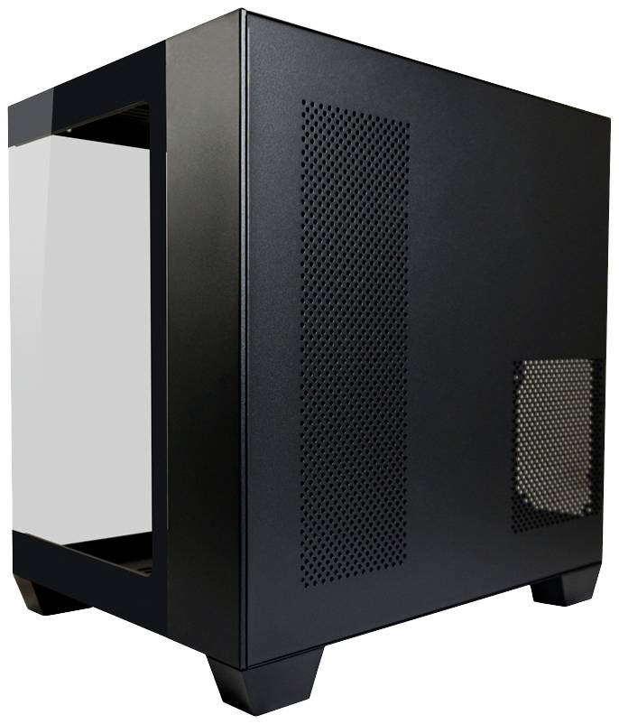 Schwarzes, rechteckiges Computergehäuse mit perforierten Belüftungspaneelen und transparentem Seitenteil, aufrecht stehend.