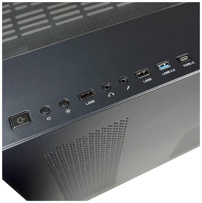 Oberseite eines Computergehäuses mit Netzschalter, zwei USB-Anschlüssen, Audioanschluss, USB 3.0, USB Typ-C und Lüftungsgitter.