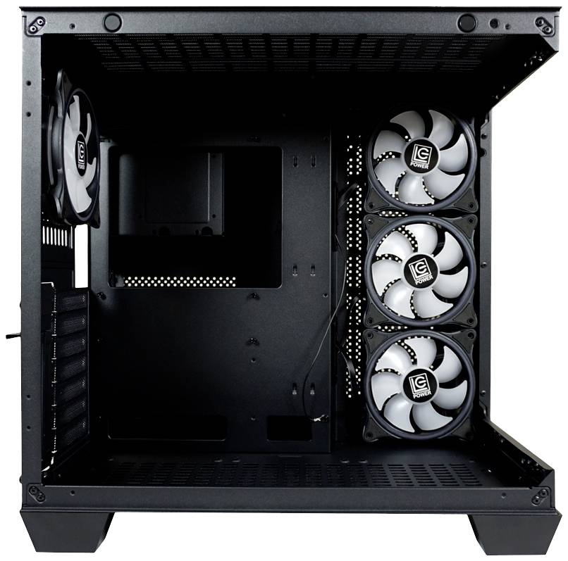 Ein leerer Computer-Tower mit schwarzen Lüftern an der Rück- und Seitenwand, vorbereitet für den Einbau von Computerkomponenten.