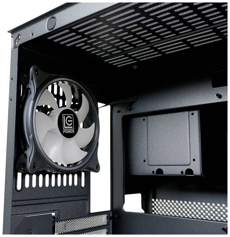 Computergehäuse mit installiertem Lüfter, schwarzes Innenleben, geeignet für Kühlung und Luftzirkulation in PC-Systemen.