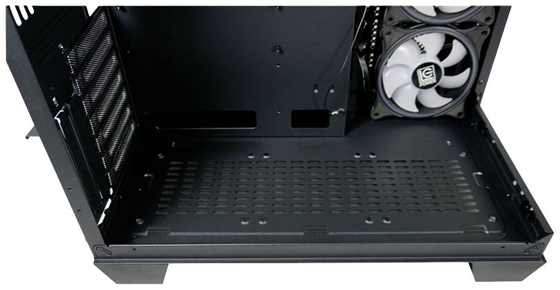 Innenansicht eines leeren Computergehäuses mit zwei eingebauten Lüftern an der Rückseite.