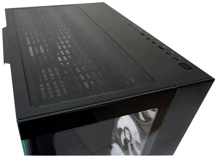 Schwarzes Computergehäuse mit Sichtfenster und Lüftungsgitter oben. Seitenfenster zeigt installierte Lüfter.