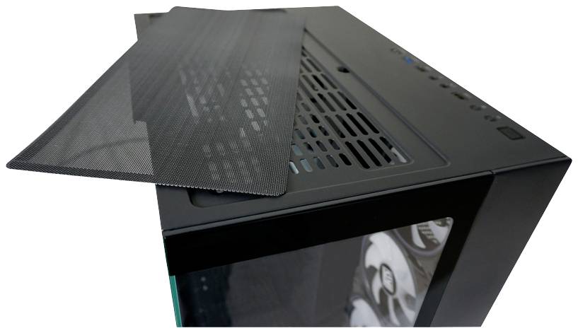 Schwarzes Computergehäuse mit einem geöffneten abnehmbaren Gitterdeckel auf der Oberseite, das die Belüftungsöffnung zeigt.