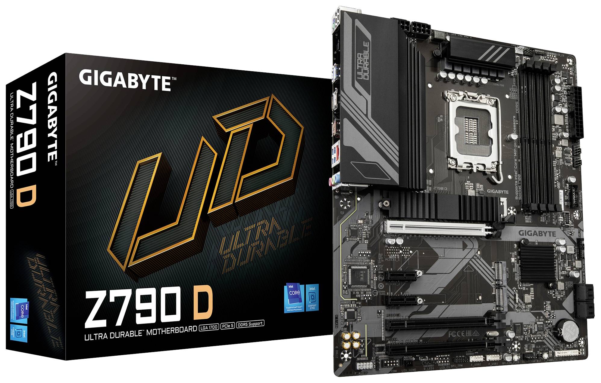 Motherboard Gigabyte Z790 D und Verpackung. Produkt präsentiert Hauptplatine für Computer, betont langlebige Technologie.