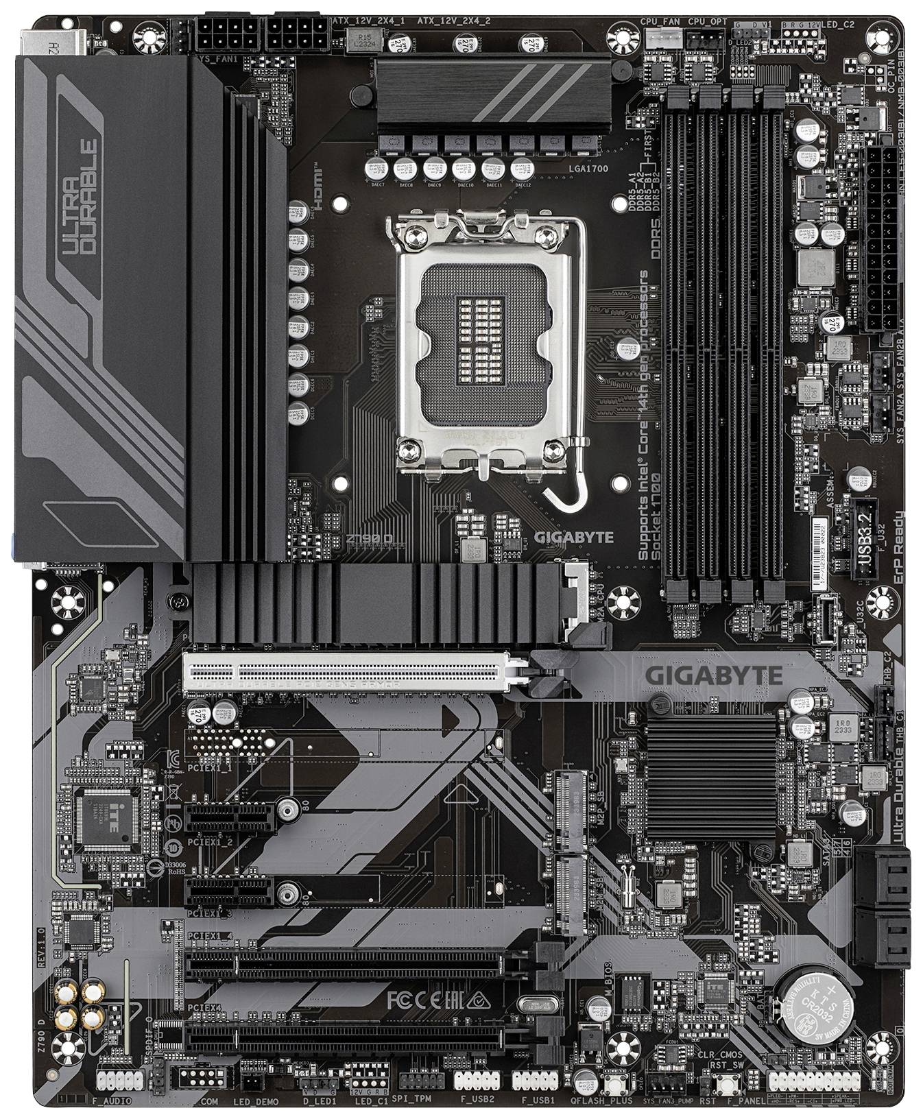 Eine schwarze Hauptplatine mit mehreren Steckplätzen und Anschlüssen, darunter CPU-Sockel, RAM-Steckplätze und PCIe-Erweiterungssteckplätze.