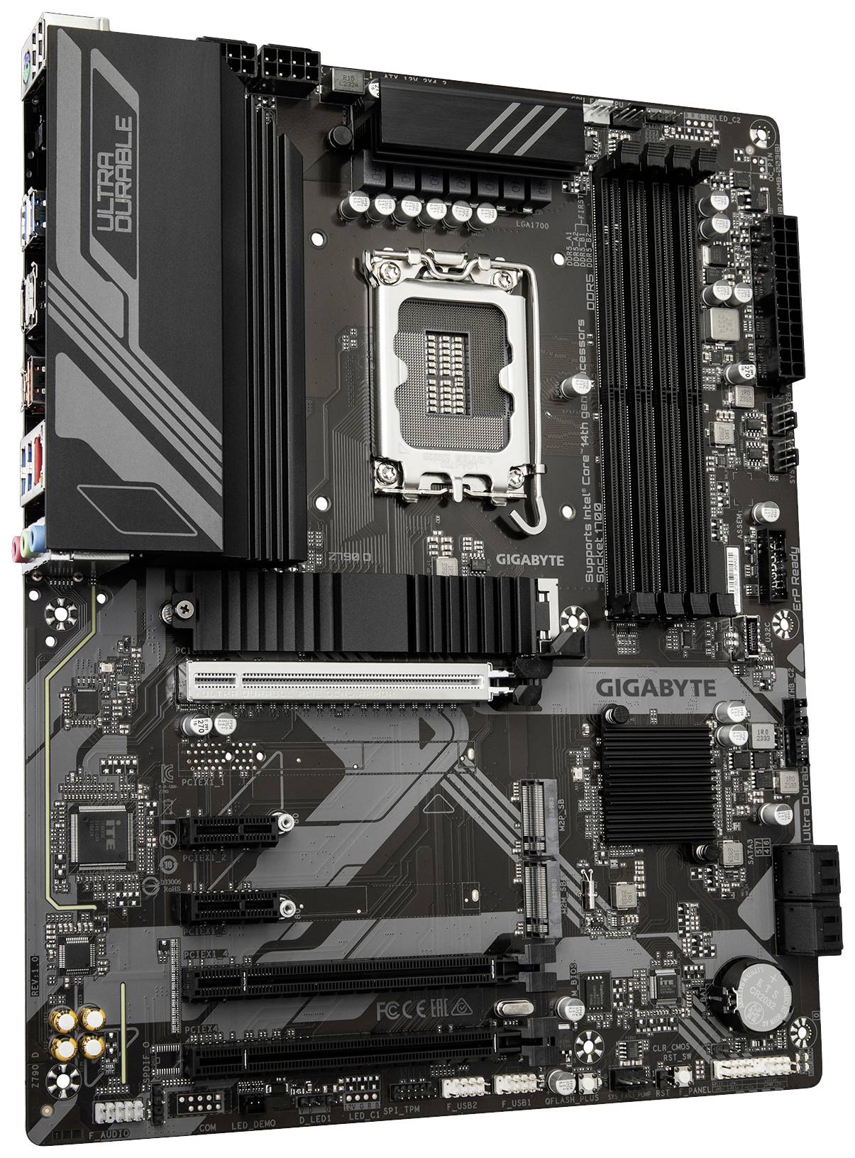 Mainboard von Gigabyte, Modell Z790 D DDR4, mit Sockel für Intel-CPU, mehreren RAM-Steckplätzen und PCIe-Erweiterungssteckplätzen.