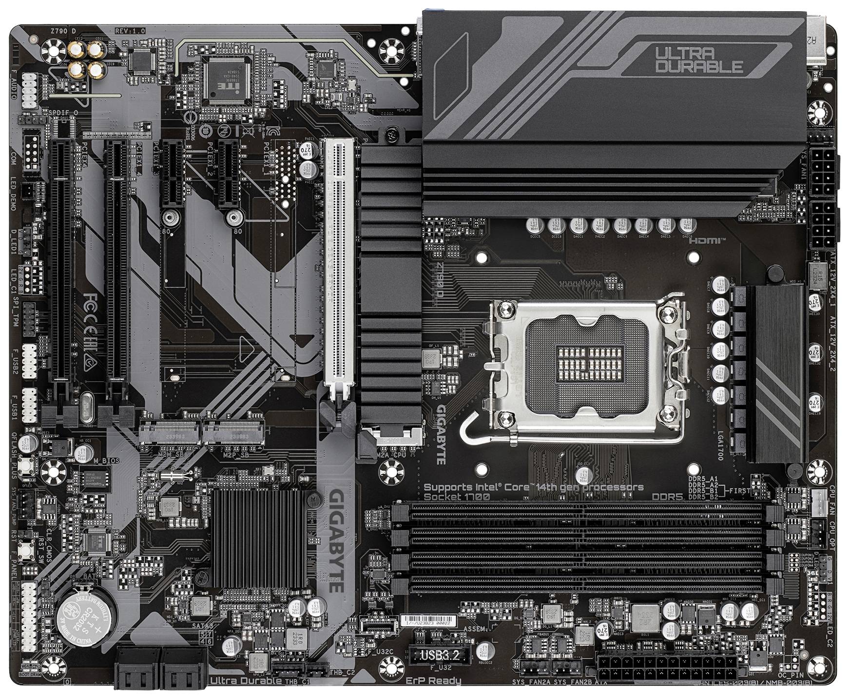 Ein Computer-Motherboard mit mehreren Steckplätzen und Anschlüssen. Markiert mit 'Ultra Durable' in der oberen rechten Ecke.
