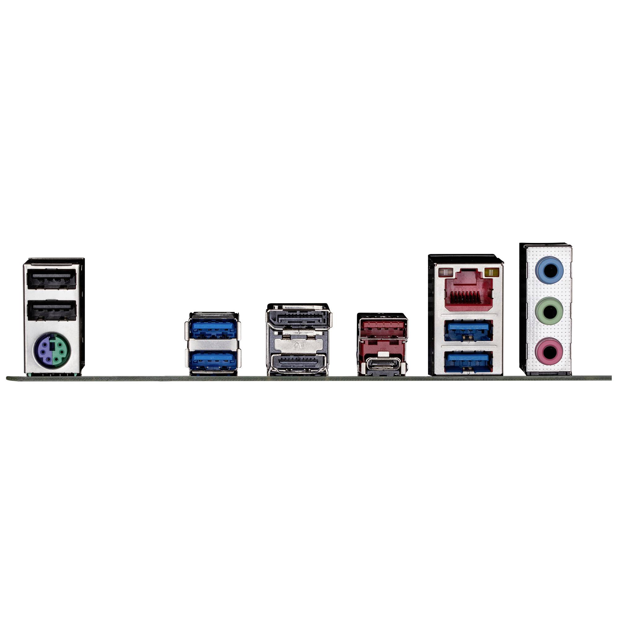 Anschlüsse auf einer Hauptplatine: PS/2, USB 2.0, USB 3.0, HDMI, DisplayPort, Ethernet, Audio-Ausgänge.