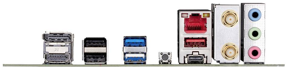 Eine Reihe von Computerschnittstellen auf einem Motherboard: HDMI, USB-Anschlüsse, Ethernet-Anschluss und Audioausgänge.