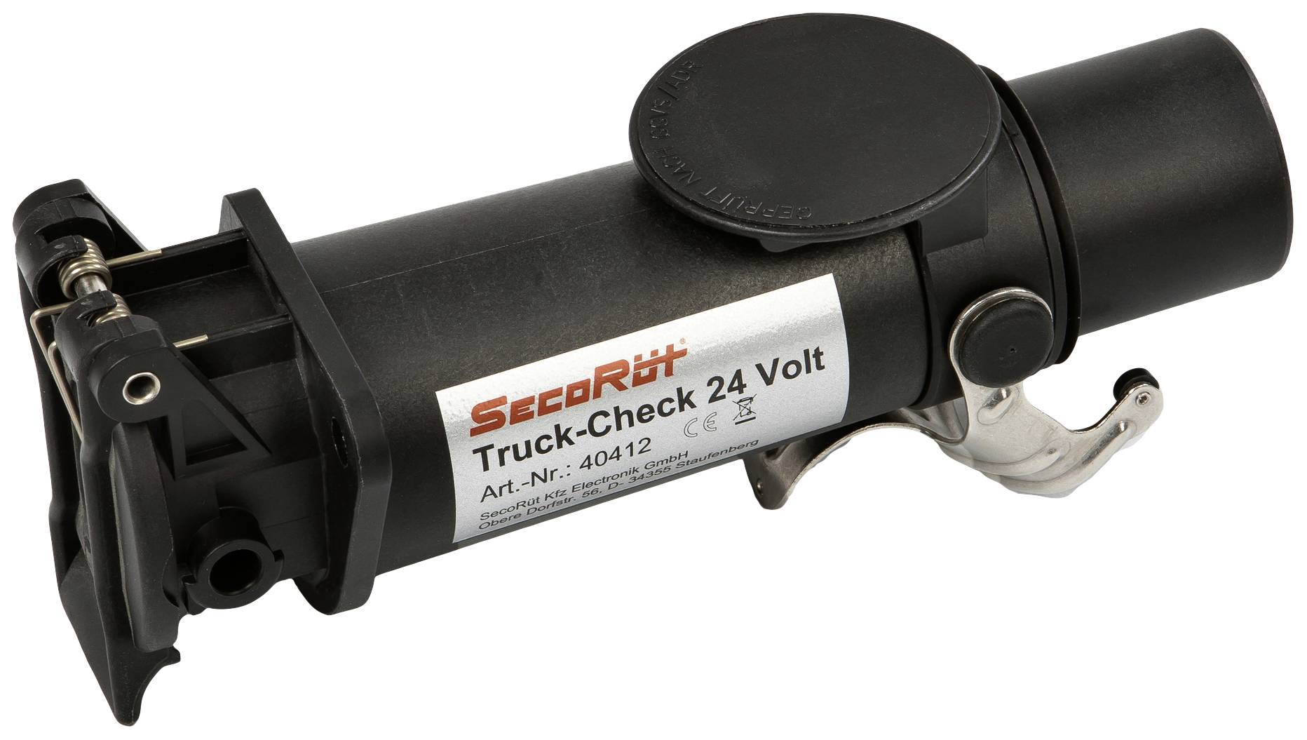 Ein schwarzes 24-Volt-Prüfgerät mit der Aufschrift 'Truck-Check 24 Volt'. Es hat eine runde Abdeckung und einen Hebel an der Seite.