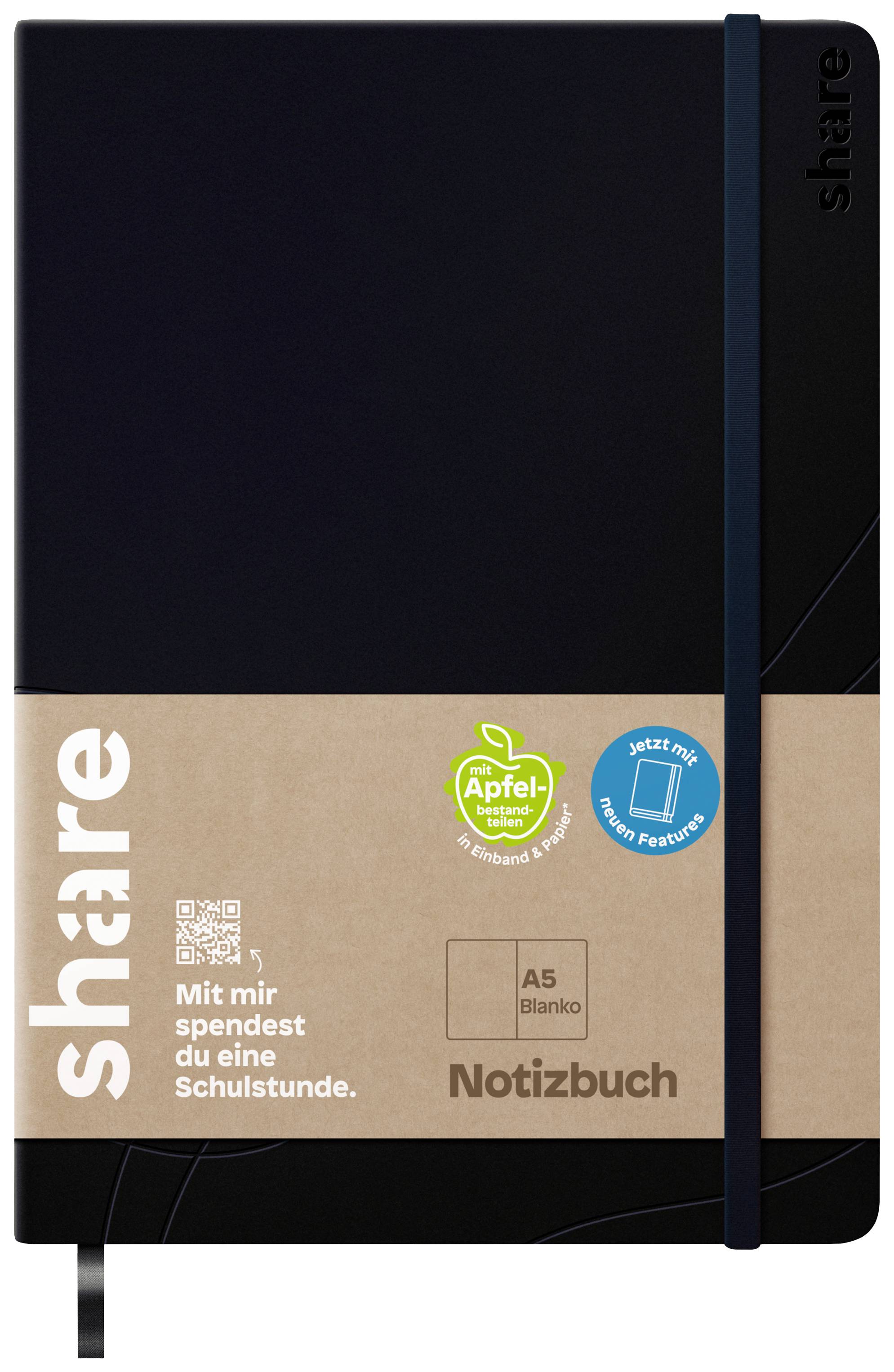 Schwarzes A5 Notizbuch 'share' mit braunem Banderole. Aufschrift: 'Mit mir spendest du eine Schulstunde'. Apfelsymbol zur Nachhaltigkeit.