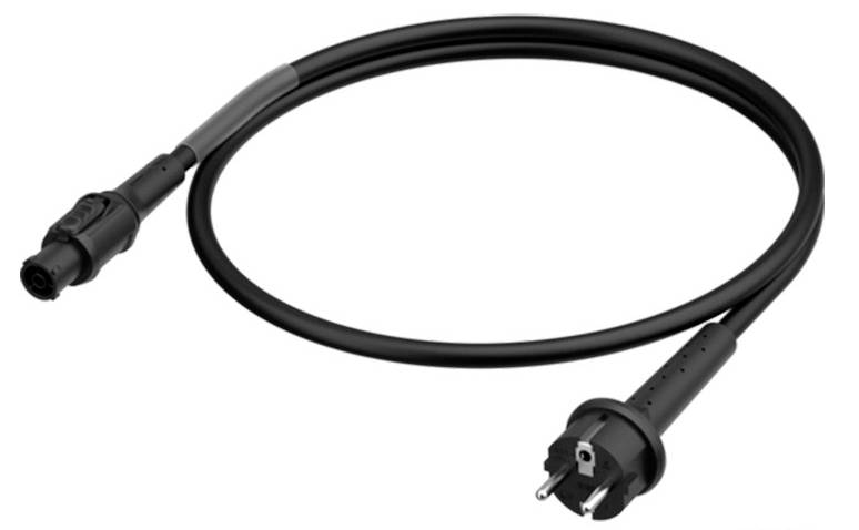 Schwarzes Verlängerungskabel mit europäischem Stecker links und Kunststoffanschluss rechts, geeignet für elektrische Geräte.