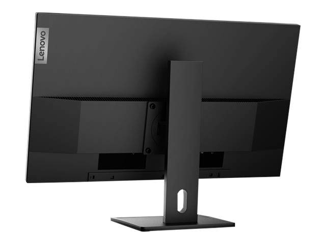 Ein schwarzer Lenovo-Monitor von hinten. Der Standfuß ist in der Mitte befestigt, das Lenovo-Logo ist links sichtbar.