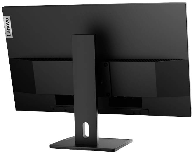 Ein schwarzer Lenovo-Monitor von hinten, auf einem rechteckigen Standfuß stehend, zeigt den schlichten, modernen Look des Geräts.