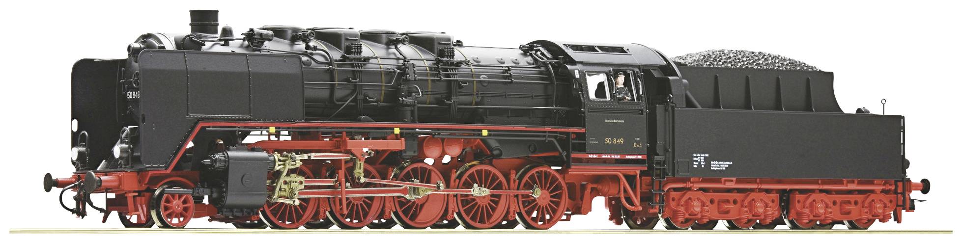Eine schwarze Dampflokomotive mit roten Rädern und Details, seitlich von links nach rechts sichtbar, auf weißem Hintergrund.