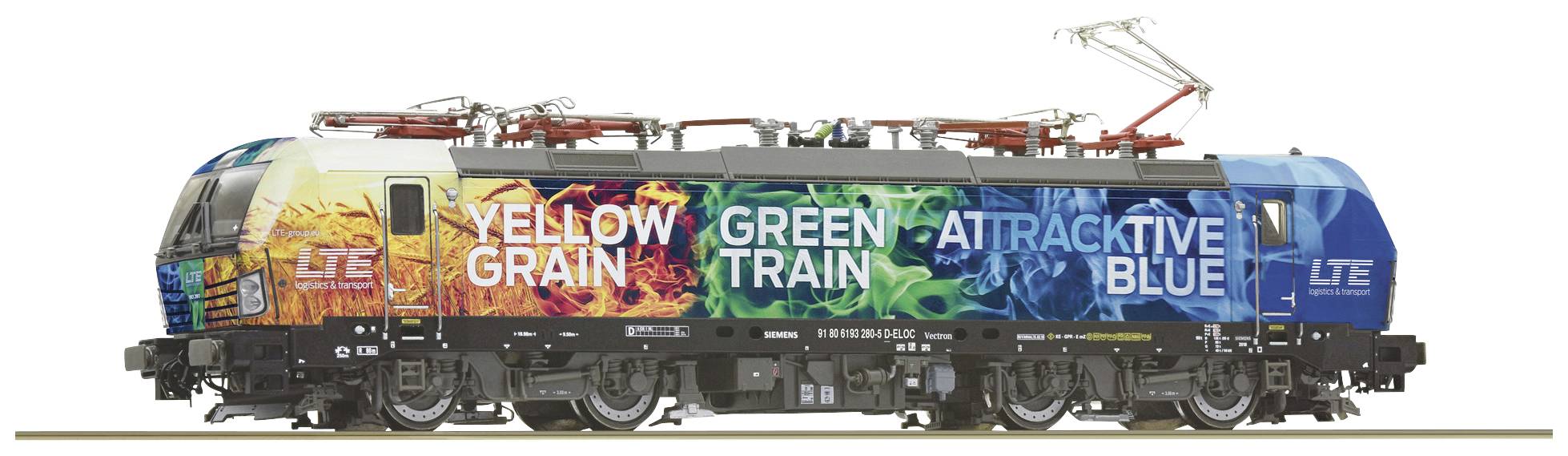 Eine bunte Lokomotive mit Aufschriften 'Yellow Grain', 'Green Train', 'Attractive Blue' auf der Seite, symbolisiert verschiedene Themen.