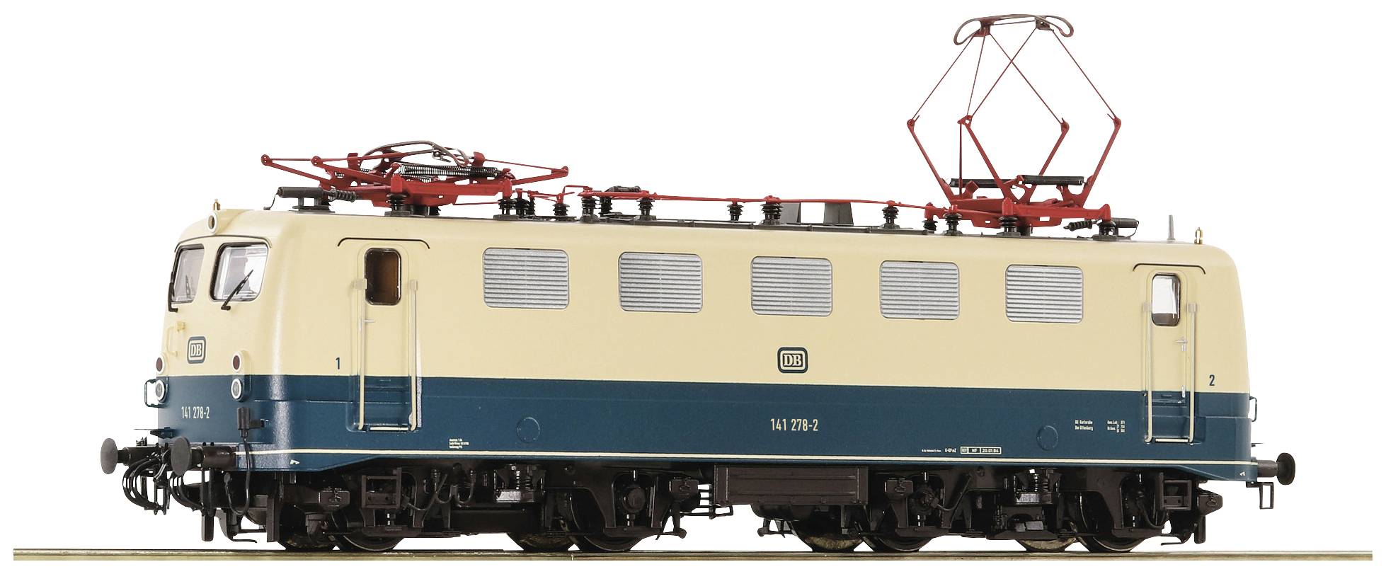 Elektrolokomotive in beiger und blauer Lackierung. Seitenansicht, mit roten Stromabnehmern und DB-Logo.