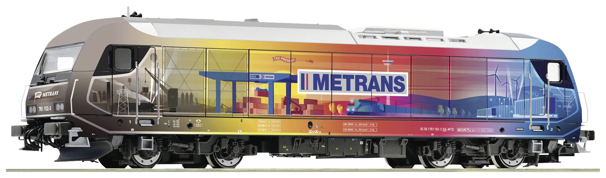 Eine bunte Lokomotive der Firma Metrans mit Bildern von Containern und Kranen, die Gütertransport und Logistik symbolisieren.