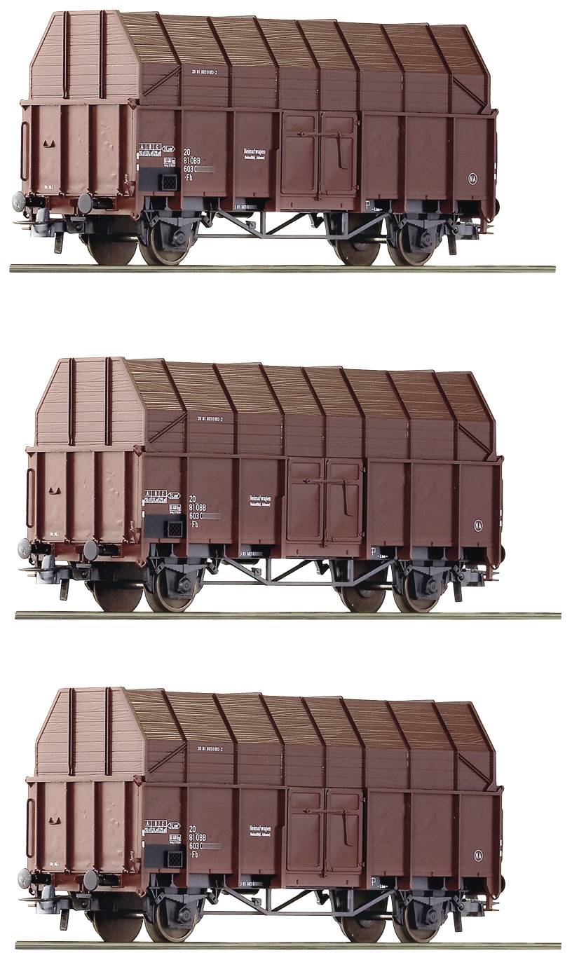 Drei braune Güterwaggons in Modellbaugröße mit detaillierter Beschriftung und Struktur, auf Hellgrau abgebildet, von der Seite gesehen.