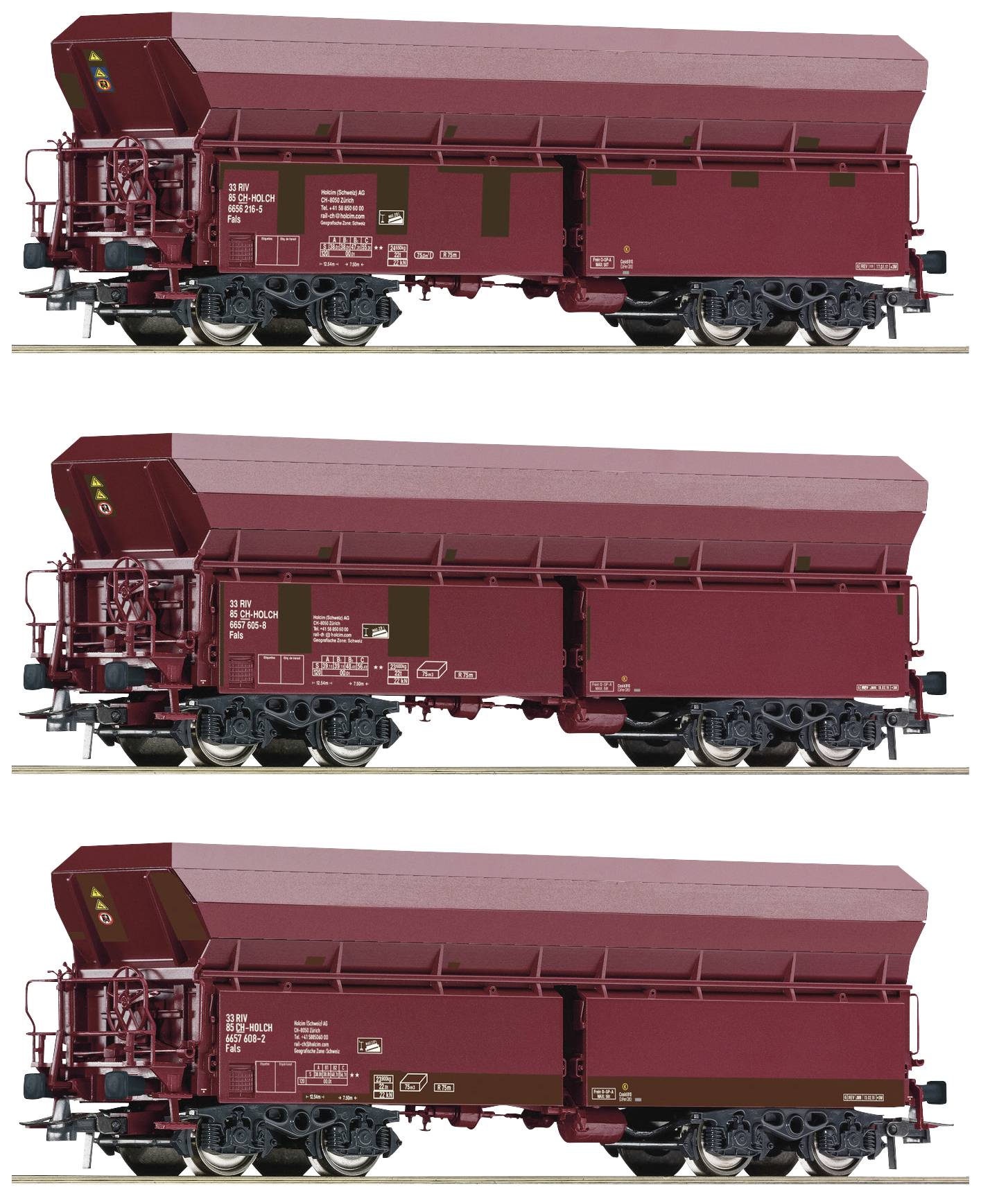 Drei rote Güterwaggons mit technischem Text und Symbolen, nebeneinander abgebildet. Waggons sind detailliert und zeigen Seitenansicht.